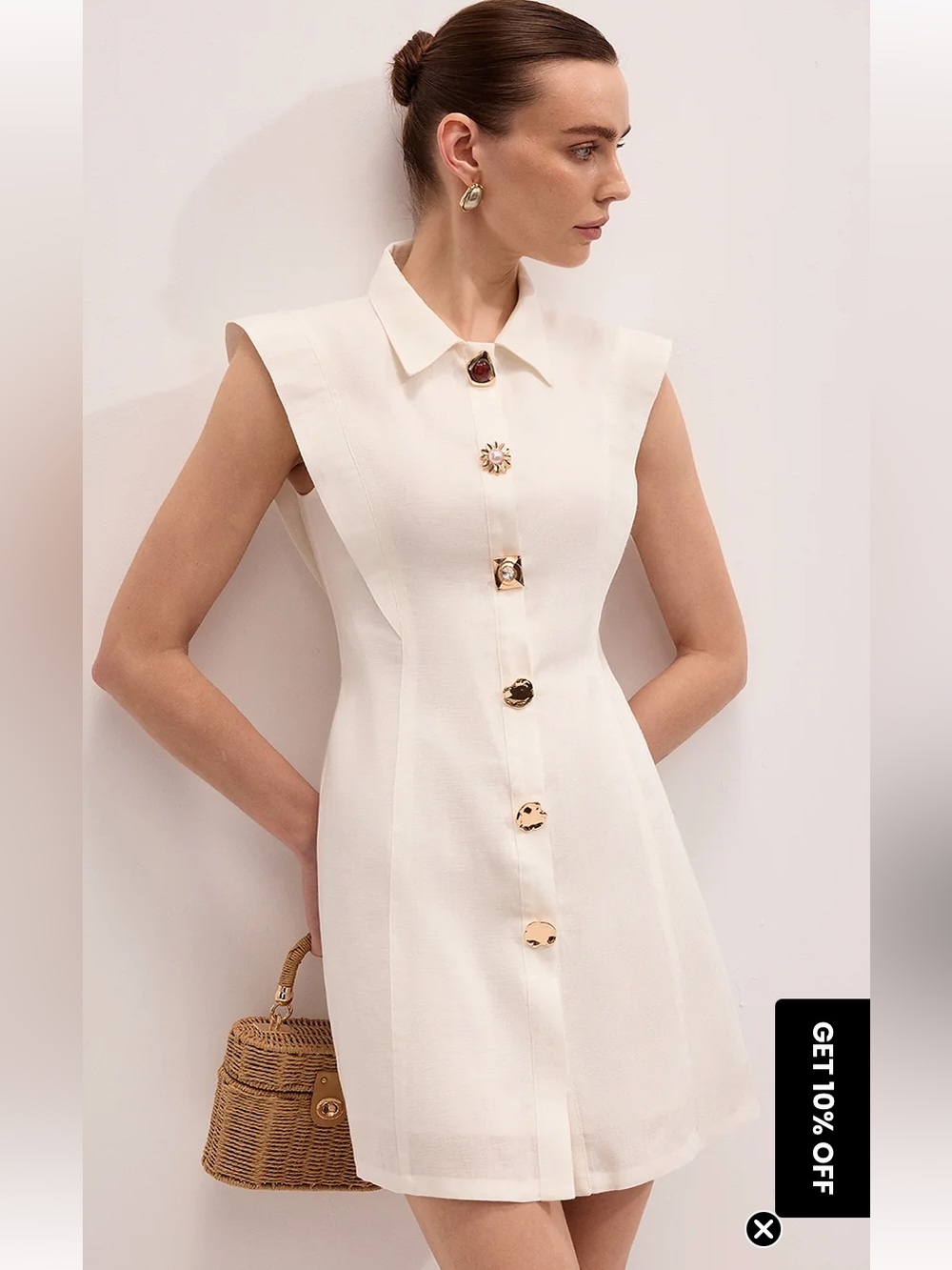 Fancy Gold Button Linen Blend Dress